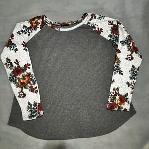 Women's Plus 2XL Acting Pro Charcoal Gray & Floral Long Sleeve Top‎ Shirt